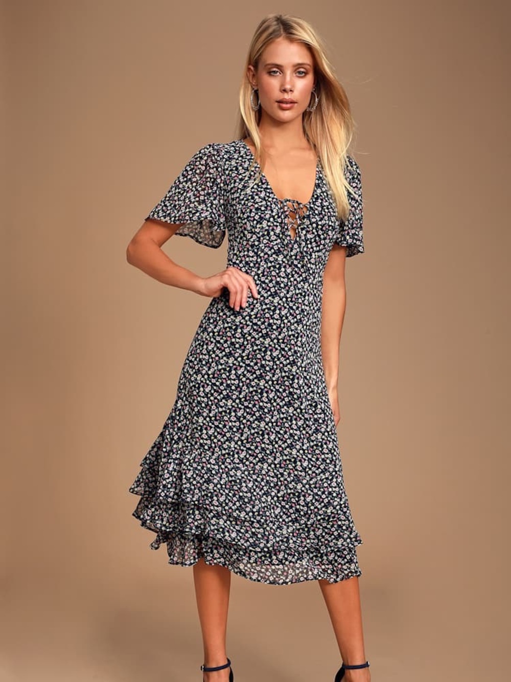 Lulus Floral Tie-Front Midi Dress